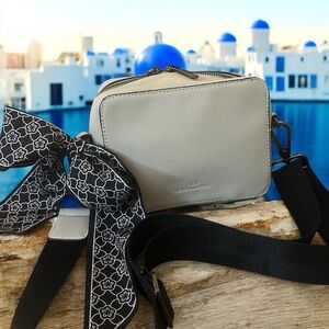 Elegant Saffiano Leather Taupe Camera  Crossbody Bag by Neiman Marcus